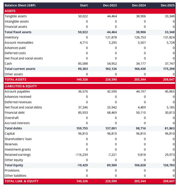 example of online thrift shop projected balance sheet