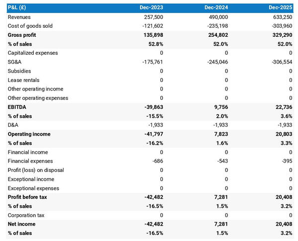 sunglasses line profit and loss forecast