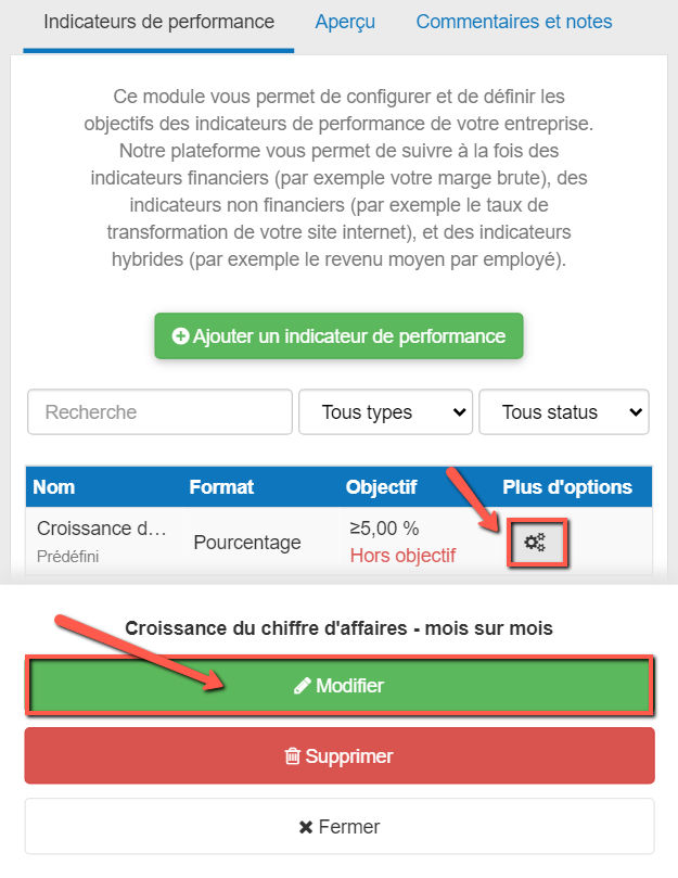 modifier mes indicateurs clés de performance dans The Business Plan Shop sur mobile