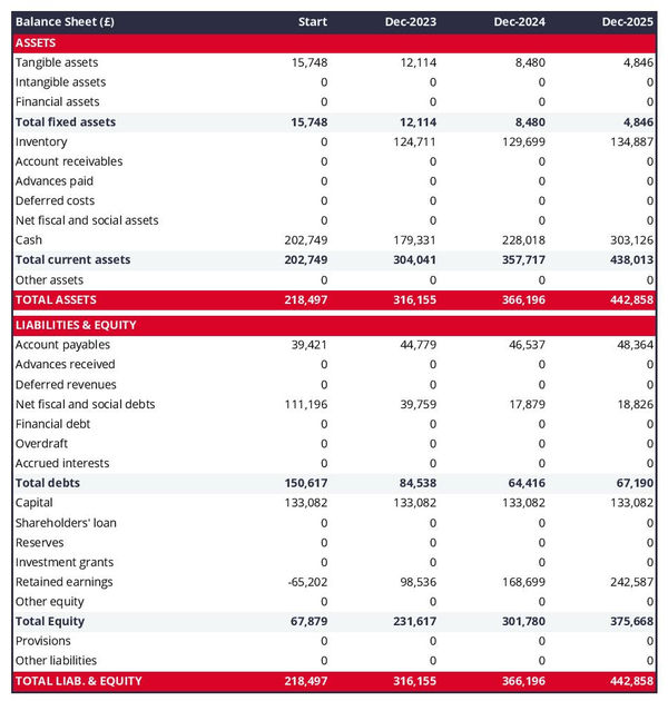 example of baseball bat manufacturing business projected balance sheet