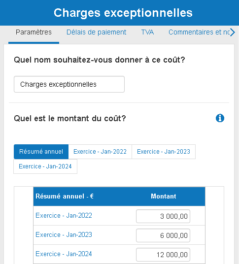 charge exceptionnelle dans le logiciel de prévisions financières de The Business Plan Shop