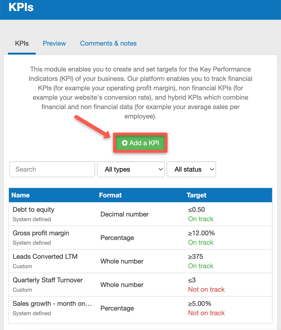 adding a new KPI in The Business Plan Shop's online software