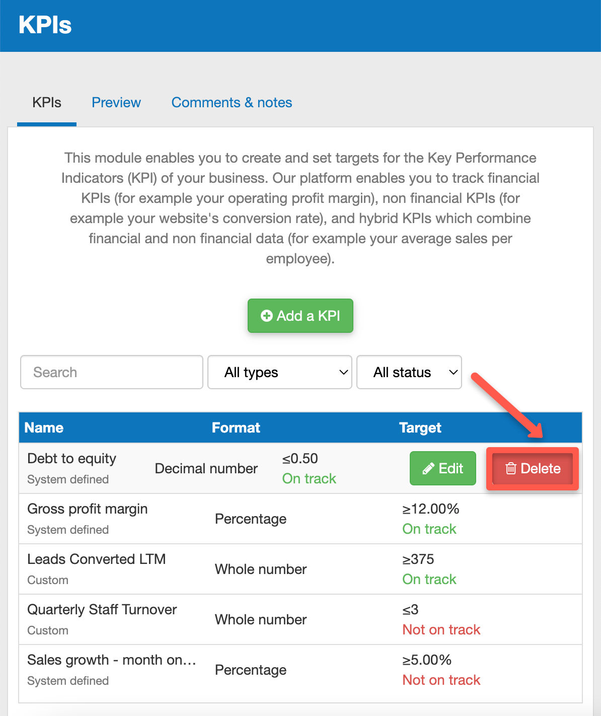 deleting an unnecessary KPI in The Business Plan Shop on desktop