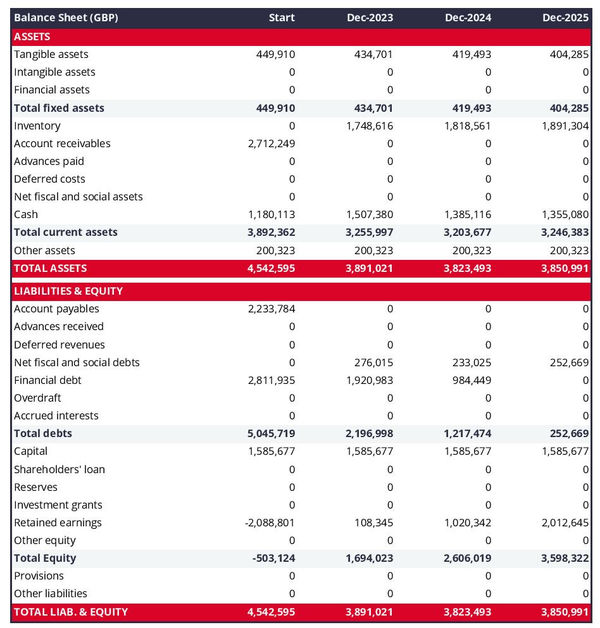 example of technical control center projected balance sheet