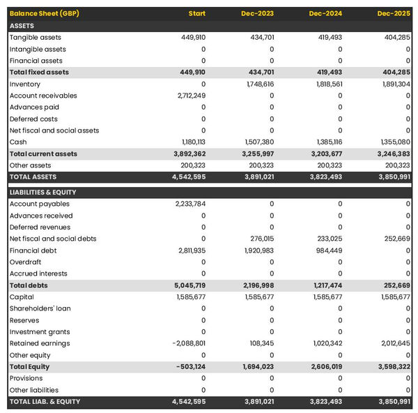 financial projections: camping car and caravan store balance sheet example