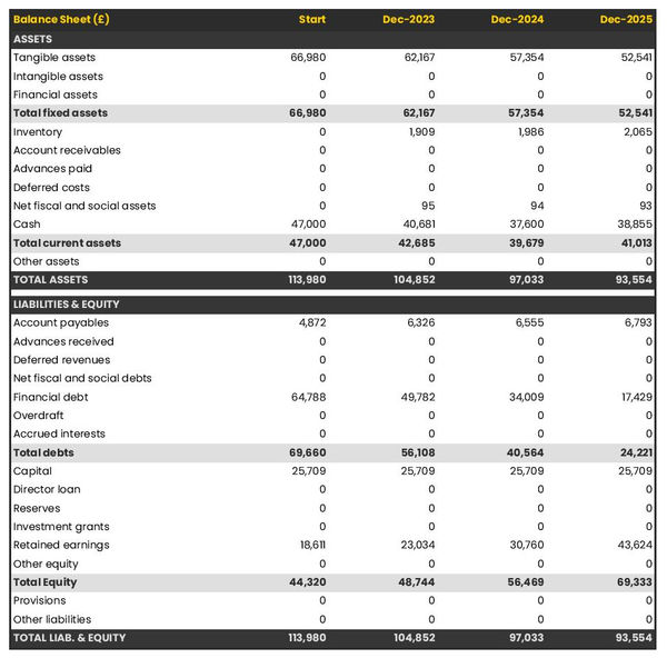 financial projections: chips stall balance sheet example