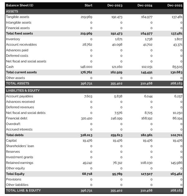 example of postcard publishing firm projected balance sheet