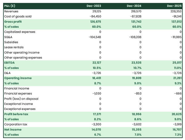 ski equipment rental company projected profit and loss statement