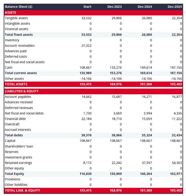 financial projections: construction equipment rental firm balance sheet example