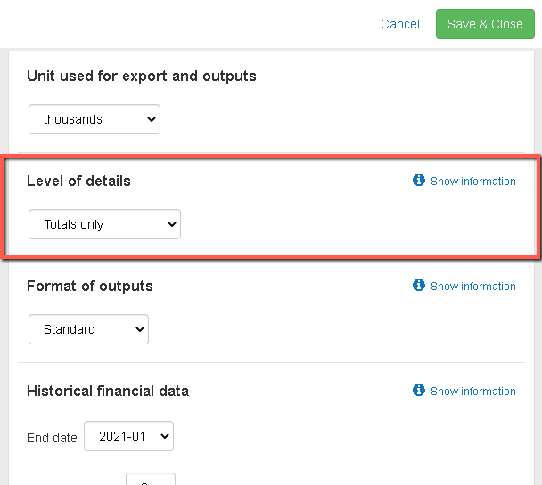 detail level used in the financial statements