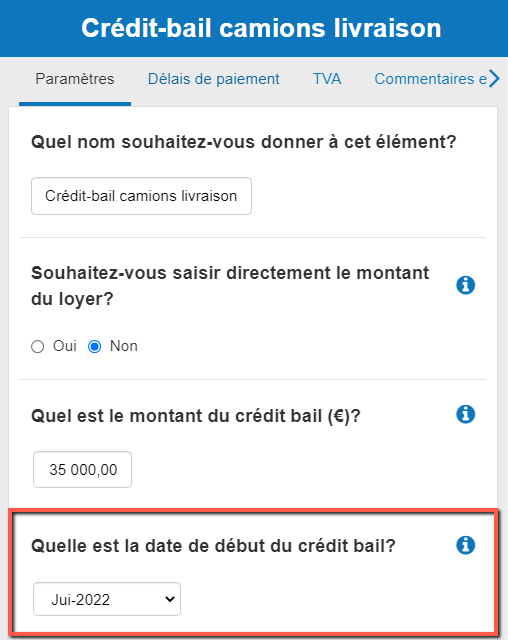 saisie de la date de départ d'un crédit-bails dans The Business Plan Shop