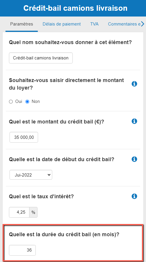 saisir la durée d'in crédit-bail dans The Business Plan Shop