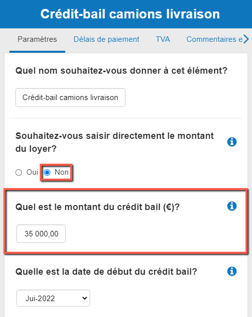 saisie du montant d'un crédit-bail dans The Business Plan Sop