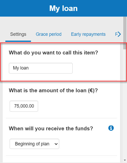  entering investment loan 1A as the loan name into the business plan software