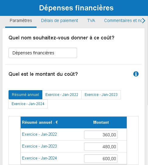 saisie des charges financières pour 3 années distinctes dans The Business Plan Shop