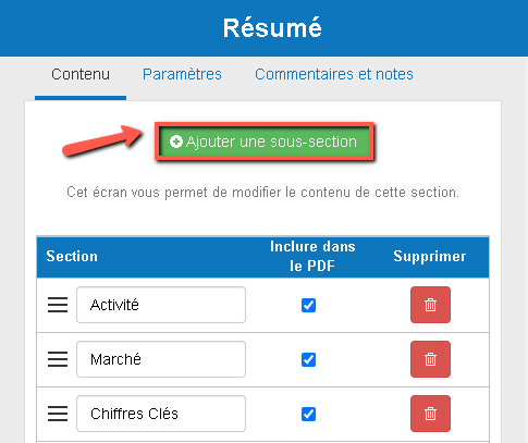 ajouter une nouvelle sous-section à votre plan d'affaires dans The Business Plan Shop
