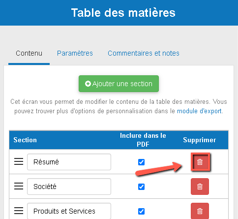 suppression de deux sections entières de mon plan d'affaires