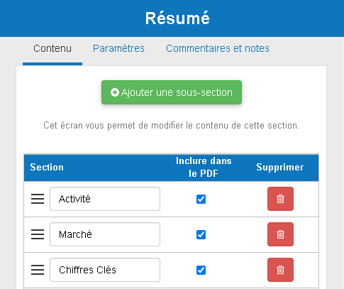 section exécutif summary dans The Business Plan Shop montrant toutes les sous-sections associées