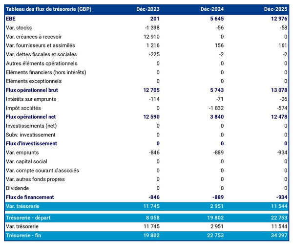 tableau de trésorerie prévisionnelle d'entreprise de vente sur catalogue