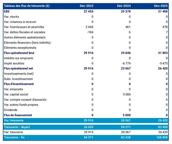 tableau de trésorerie prévisionnelle d'entreprise de location de jets privés