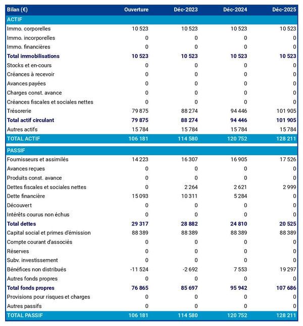 exemple de bilan d'entreprise de stockage de bateaux dans un prévisionnel