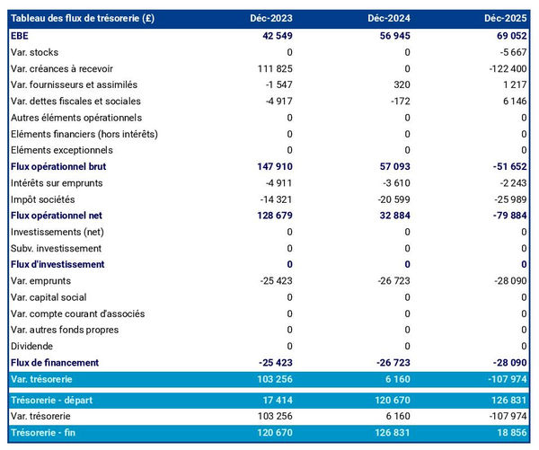 tableau de trésorerie prévisionnelle d'entreprise de traitement des données