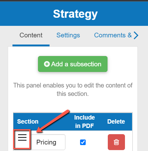 reordering subsections on the business plan shop