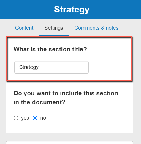 changing the title of the section on the business plan shop