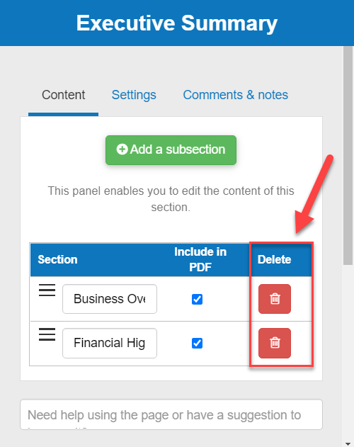 deleting one of your business plan subsections