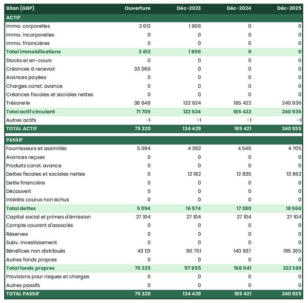 exemple de bilan d'entreprise de courtage de brevets dans un prévisionnel