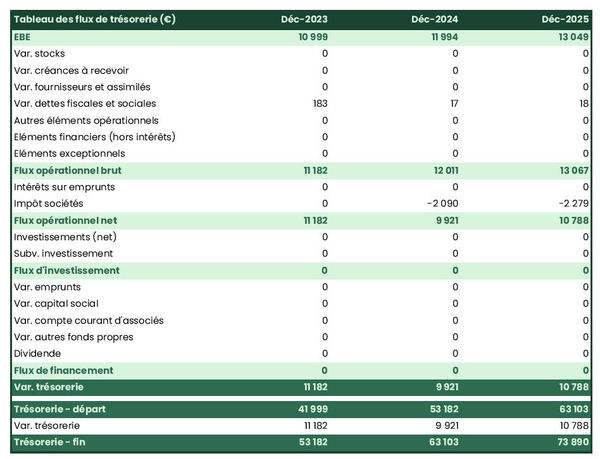 tableau de trésorerie prévisionnelle de société de sténographie judiciaire
