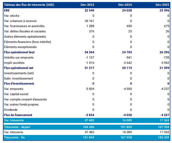 tableau de trésorerie prévisionnelle d'entreprise d'entretien de piscine