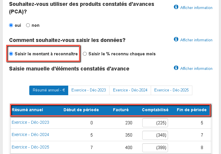 en inscrivant le montant comptabilisé pour les produits différés pour chacun des exercices