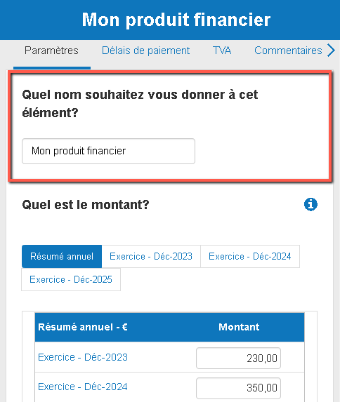  saisir le nom d'un produit financier dans The Business Plan Shop