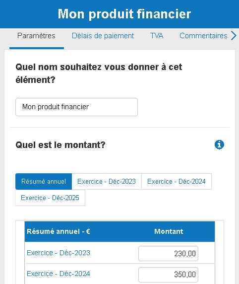 saisie des produits financiers dans le logiciel de The Business Plan Shop