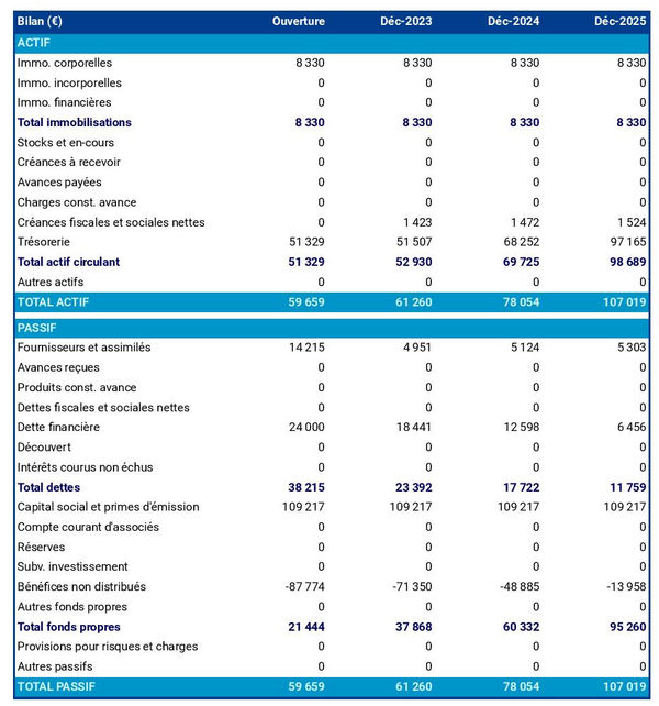 bilan comptable prévisionnel d'entreprise de production de danse