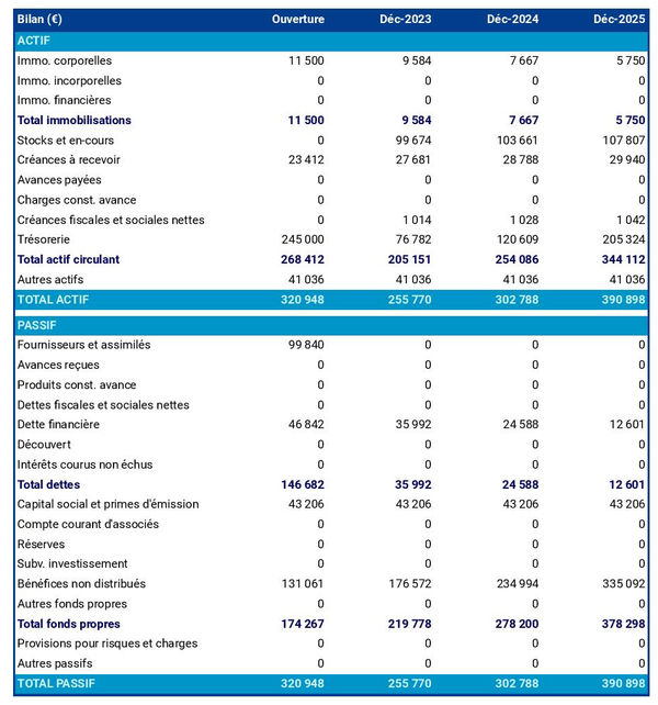 exemple de bilan d'entreprise de travaux publics dans un prévisionnel