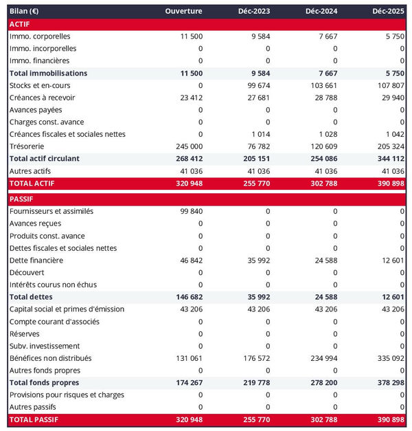 bilan comptable prévisionnel d'entreprise de miroiterie et vitrerie