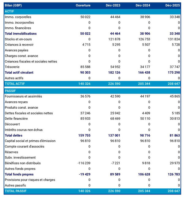 exemple de bilan de boutique de cravates dans un prévisionnel