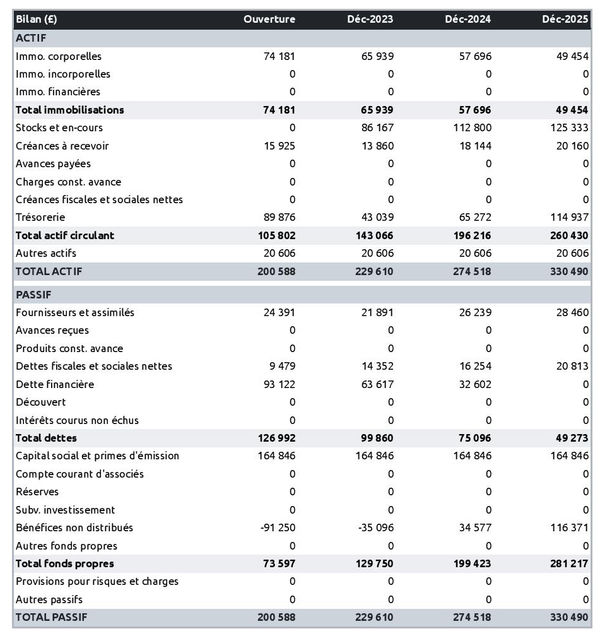 bilan comptable prévisionnel de magasin de golf