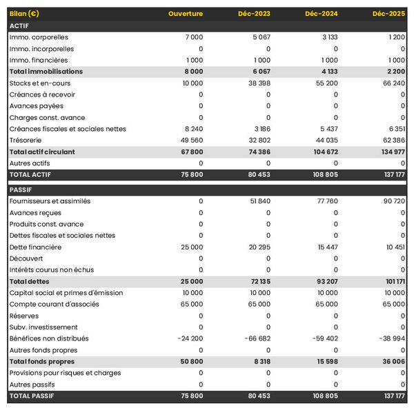bilan comptable prévisionnel de fabricant d’articles en fourrure