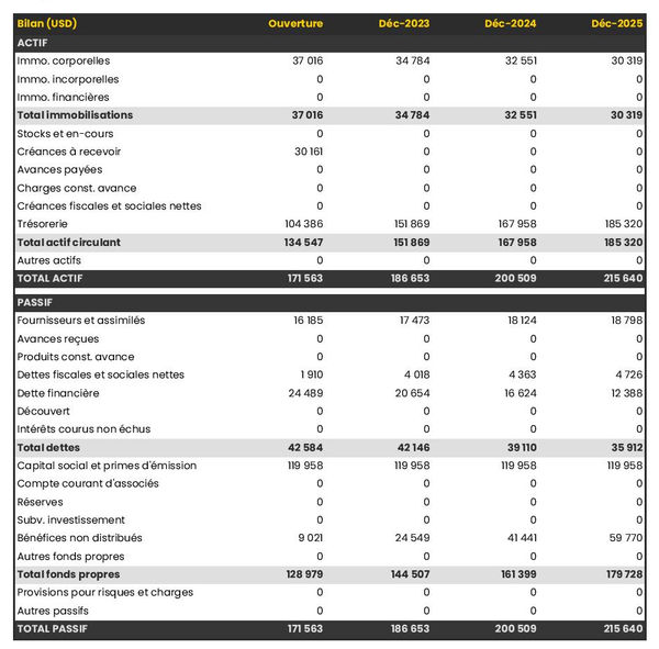 bilan comptable prévisionnel d'entreprise de location de matériel photo