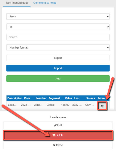 delete non-financial data in The Business Plan Shop's software on mobile