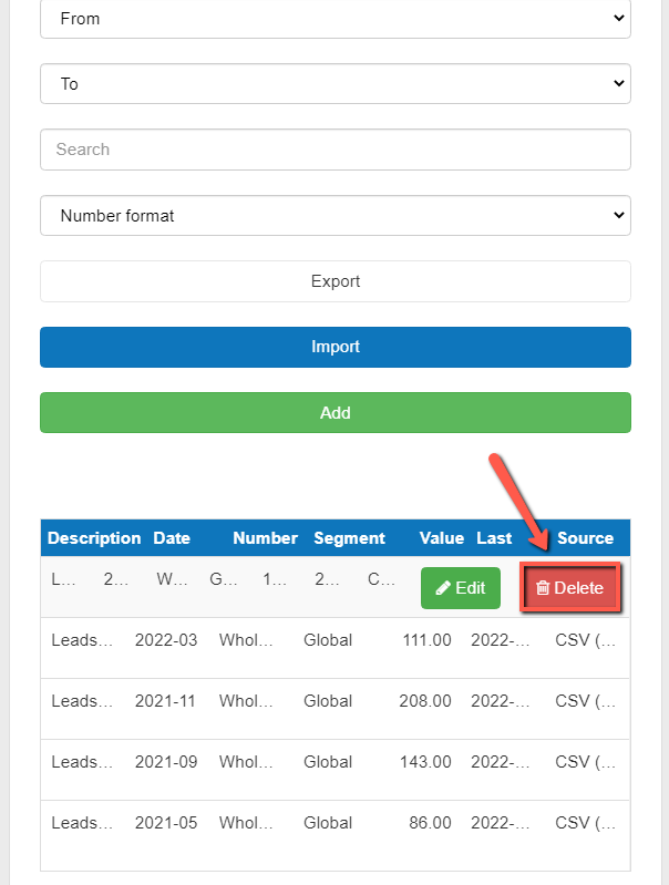 delete non-financial data in The Business Plan Shop's software