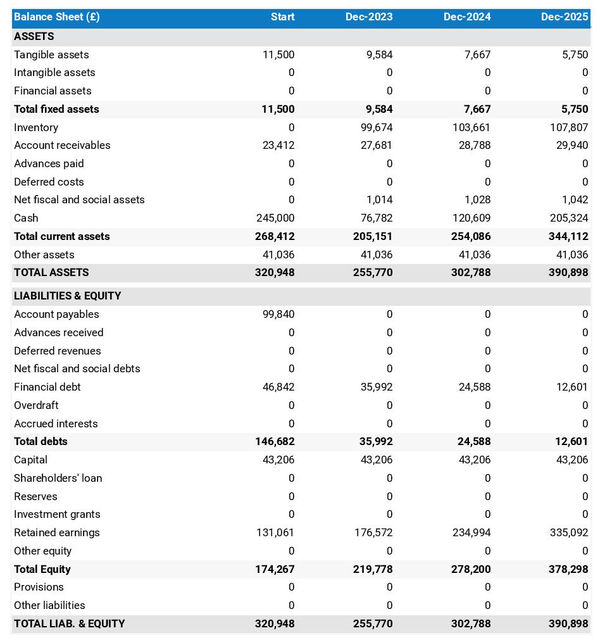 example of demolition company startup projected balance sheet