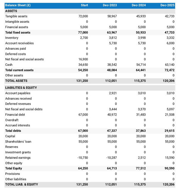 example of dietary food manufacturing business startup projected balance sheet