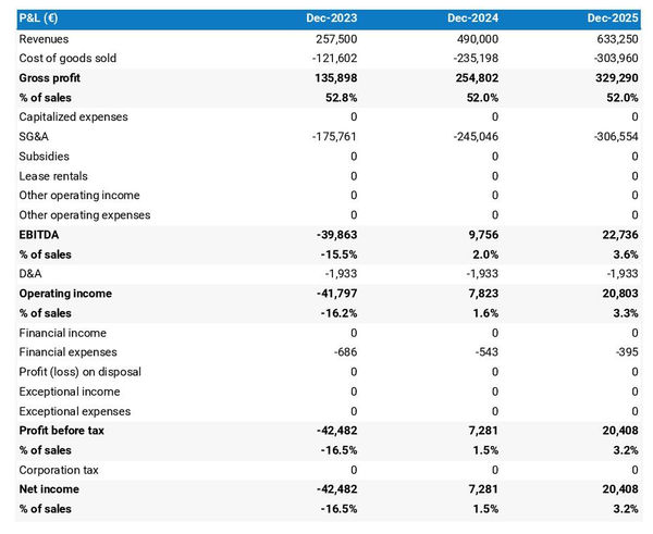 projected profit and loss statement for opening a textile goods manufacturing business 
