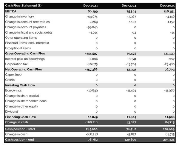 excavation company cash flow projection example