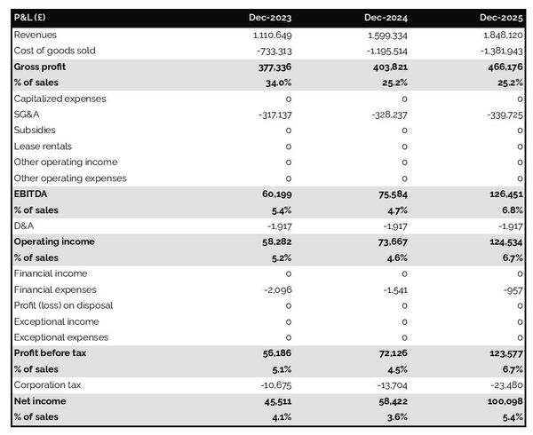 projected excavation company startup income statement