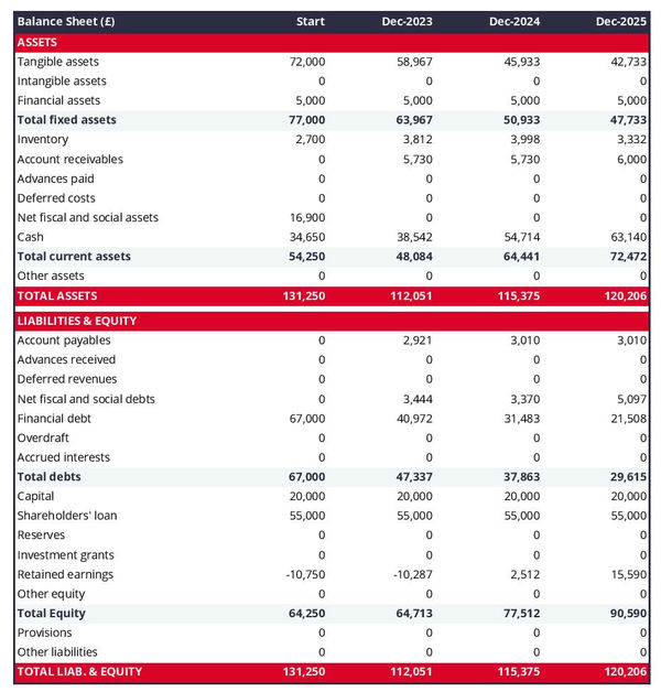 example of wallpaper manufacturing business startup projected balance sheet